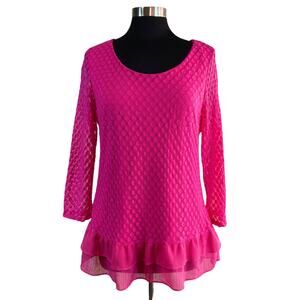Valerie Stevens Hot Pink Polka Dot Lace Blouse LG Boho Hippie Cottage Fairycore